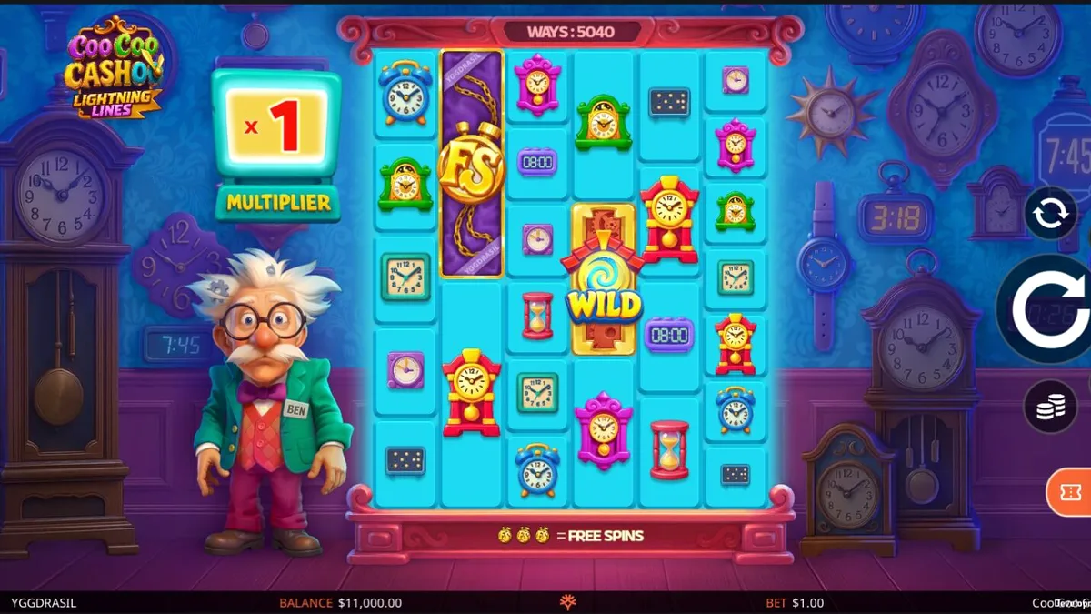 Tampilan visual slot Coo Coo Cashoo dengan tema bengkel jam dan penemu nyentrik